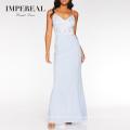 V Neckline Spaghetti Strap Sequined Lace Maxi Blue Bridesmaid Dress